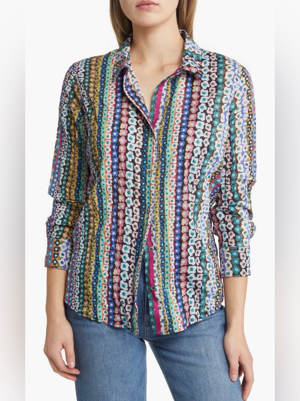 NIC + ZOE Flower Field Striped Floral Crinkled Cotton Blouse